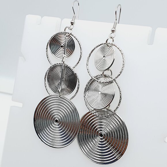 Silver Spiral Triple Disc Statement Earrings, AZFA1151 - Picture 1 of 13